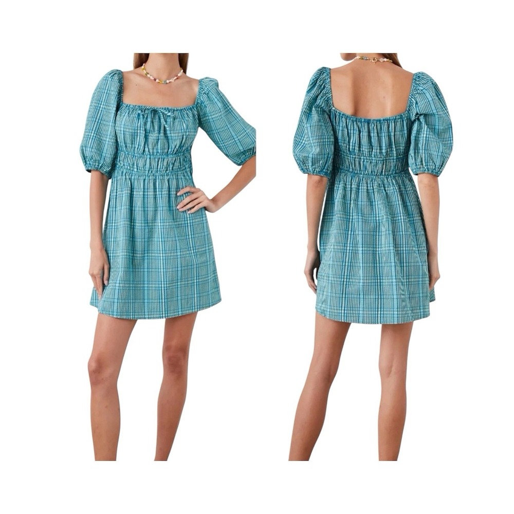 Rails Brenda Mini Dress M Augusta Blue Check Puff Sleeve Smocked NWOT